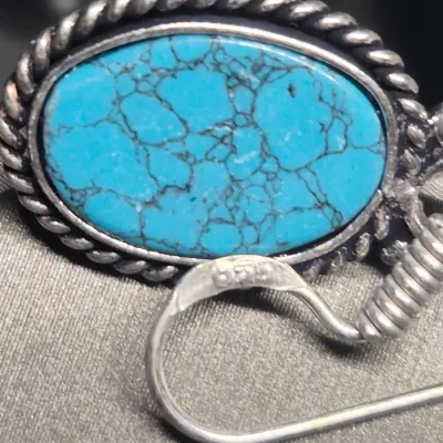 Vintage Artisan bench made turquoise Pendant w/ matching earrings ~ all marked 925