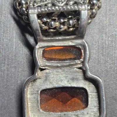 Vintage Amber charm Necklace w/woven chain & Amber Earrings match