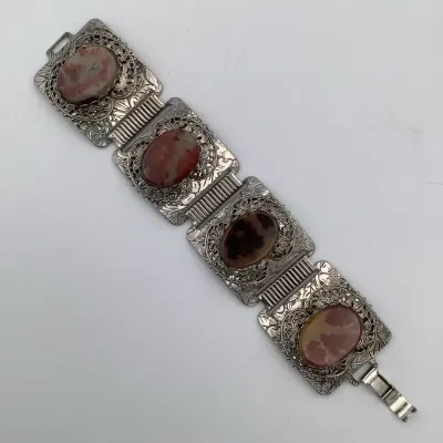 Vintage Natural Patina Copper & Red Confetti Lucite Cabochon Panel Bracelet 7"