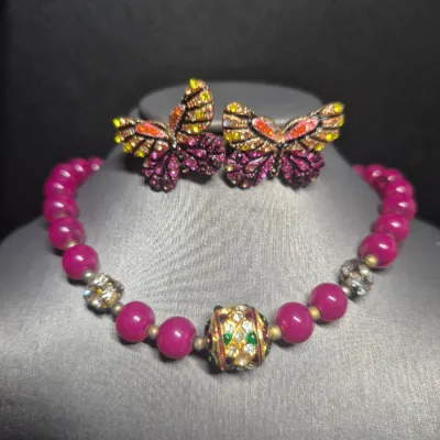 Vintage bright pink/magenta beaded necklace and matching earring set ~~ 2 sets earrings