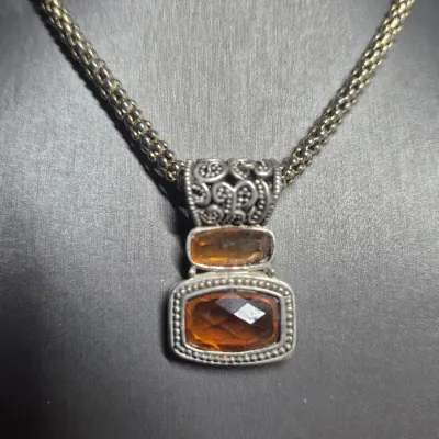 Vintage Amber charm Necklace w/woven chain & Amber Earrings match