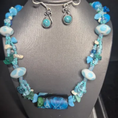 Have one tVintage Sky Blue Art Glass Beaded Necklace Pullover 24" & barrel Necklace set w/ earrings