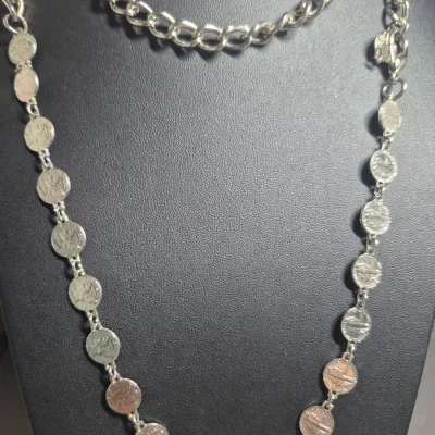 Hammered silver tone Coin Shaped Disc chunky Necklace or Belt