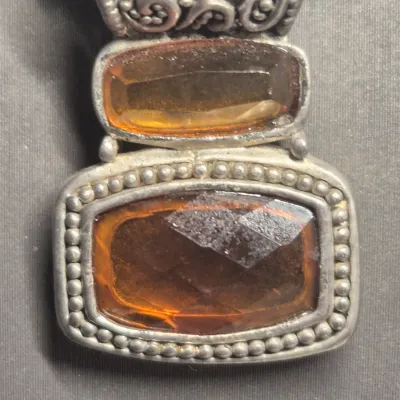 Vintage Amber charm Necklace w/woven chain & Amber Earrings match