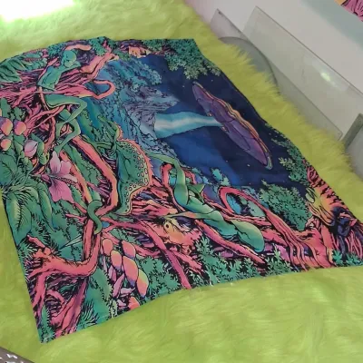 Sale Photo Thumbnail #6: Psychedelic alien-themed tapestry featuring vibrant green, pink, and blue hues, depicting extraterrestrial figures and a UFO in a surreal landscape.
