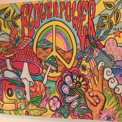 Sale Photo Thumbnail #25: Psychedelic 1960s-style "Flower Power" wall tapestry featuring a peace sign, VW bus, mushrooms, and vibrant, colorful illustrations.