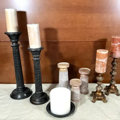 Lot Of Assorted Candle Holders And Pillar Candles 