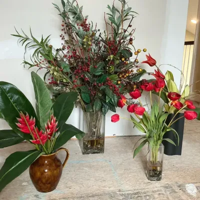(4) Beautiful Faux Flower Arrangements In Vases