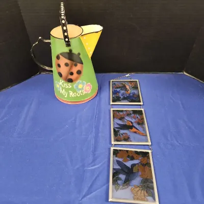 Cute Home Decor - Kiss My Roots Ladybug Tin Pitcher, Hummingbird Hanging Glass Art