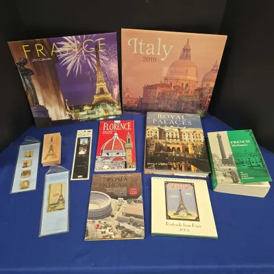 Paris Trip - Eiffel Tower Stamp, Bookmarks, Postcards, France & Italy Calendars, French Dictionary