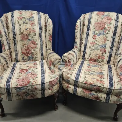 2 Vintage Broyhill Queen Anne Style Floral Wingback Armchairs 