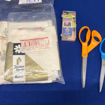 Vintage Sewing Craft - Pillowcases, Stamped Embroidery Tubing, Scissors, Needles