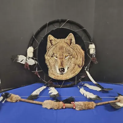 Beautiful Native American Art Wolf Dream Catcher And Bow With Fur Feathers