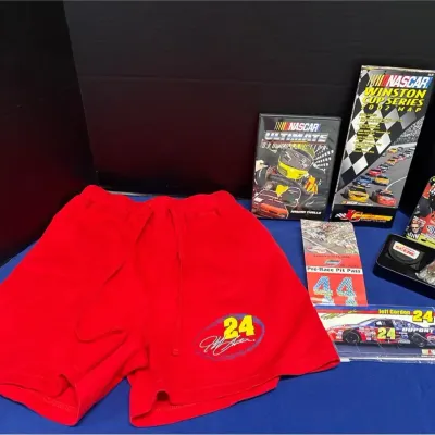NASCAR Memorabilia - Jeff Gordon Shorts, Note Cards, Multitool In Tin, DVD, Map, Pit Pass