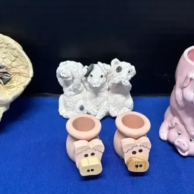 Pig Collectibles - Pete Apsit Angel Shelf Sitter Figurine, 3 Piggies, Candleholders, Papel Mug