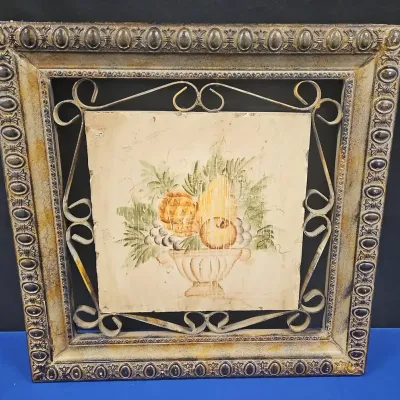 VIntage-Style Decorative Framed Wall Art - Fruit In Bowl, Ornate Distressed Metal Frame, Tuscan