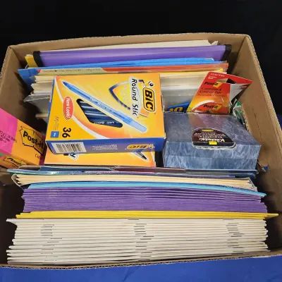 Office School Supplies - Mystery Box Full Of Folders, Pens, Tape, Post Its, Tissue, Markers
