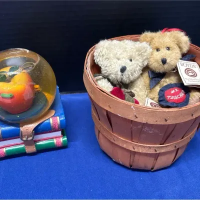 Teacher Appreciation - Musical “Favorite Things” Apple Books Snow Globe, 2 Boyds Bears, Basket