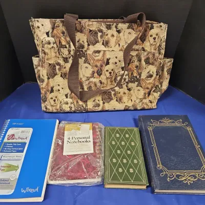 Record Family History - Large Purse Bag Dogs Design, 2 Notebooks, Thesaurus,  Photo Album 