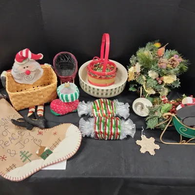 Christmas Cheer - Glass Ornaments, Sleighs, Baskets, Stocking, Faux Floral Decor