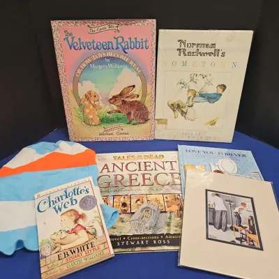 5 Vintage Classic Children's Books, Norman Rockwell Art Print Sealed, Cat In The Hat Hat