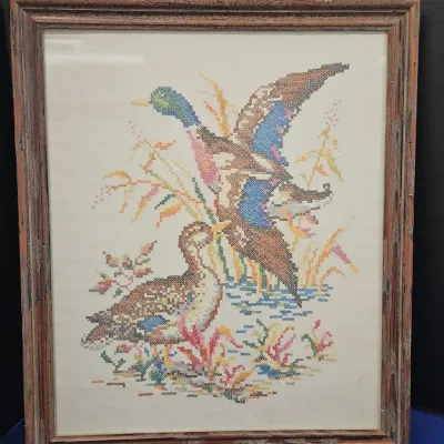 Large Mid Century Vintage Cross Stitch Mallard Ducks Framed Wall Art 20 x 25