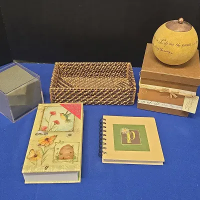 Perfect Gifts - Comfort Candles W/ Box, Notepads, Monogrammed P, Hummingbird & Flowers, Basket