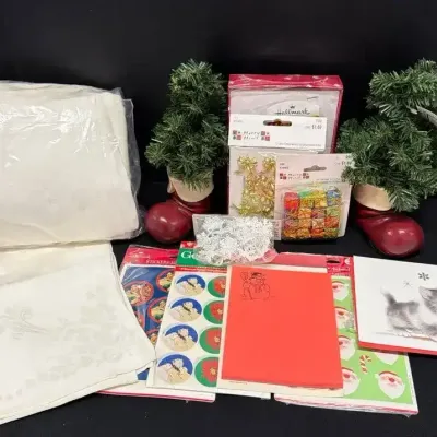 Vintage Christmas Craft & Decor Lot - Mini Sisal Trees, Cloth Christmas Napkins, Stickers, Ornaments