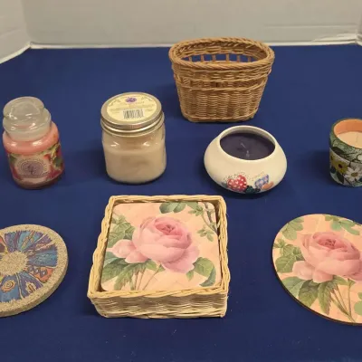 Pretty In Pink - Pink Floral Coasters, Candles, Divided Basket