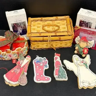 Vintage Christmas Decor & Basket - Keepsake Box,  Ornaments, Cat/Dog Frame, Candle, Angel Lamb, Mini