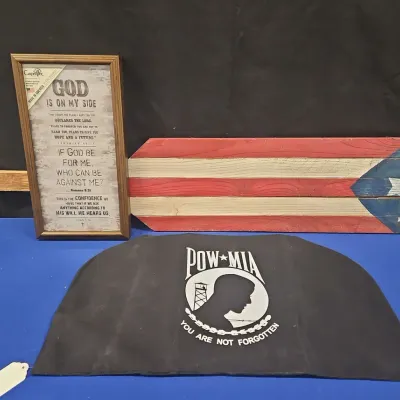 Amercan Patriotism Decor - God Is On My Side Frame Wall Sign, Wooden Flag Stake, POW MIA Chair Cover