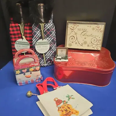 Holiday Time! Wine Parkas, Cards, Tin, Frame, Ceramic Basket, Bag, Christmas 