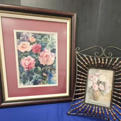 Vintage Art Pieces - Framed Floral Art By Margaret Critchley, CBK Toleware Floral Art Metal Frame