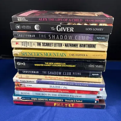 14 Paperback Books - The Giver, Shusterman Shadow Club, Striped Pajamas, Scarlet Letter