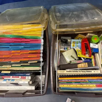 2 File Boxes w/ Office Supplies, Learning Activities, Books