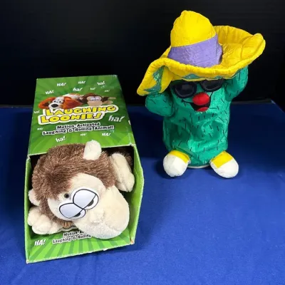 2 Animated Plush - NIB Laughing Loonies Motion Activated Monkey + Dancing Cactus
