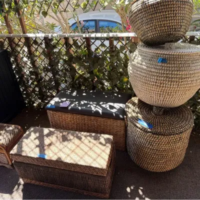 2 Rattan Trunks, Storage Bench And Rattan Bins 