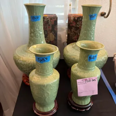 A Collection Of Green Celadon Porcelain Vases 