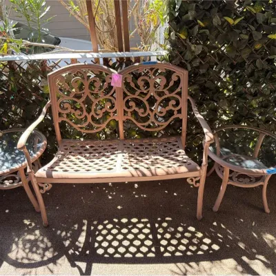 Cast Iron Bench With 2 Round End Tables 