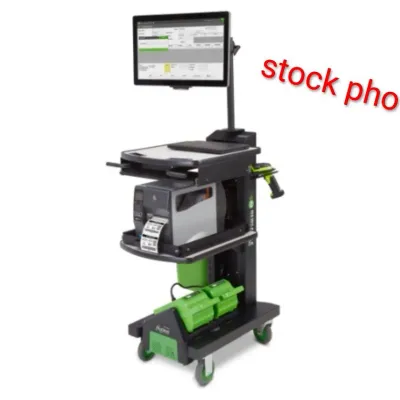Sale Photo Thumbnail #265: Newcastle Systems mobile workstation cart featuring a mounted monitor, integrated printer, and power pack system.