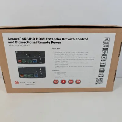 Sale Photo Thumbnail #307: Atlona Avance 4K/UHD HDMI Extender Kit with Control and Bidirectional Remote Power, model AT-AVA-EX70C-BP-KIT, in its original cardboard packaging.