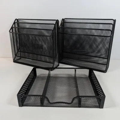 Sale Photo Thumbnail #104: Three black wire mesh desk organizers, including two vertical file sorters and one horizontal three-compartment tray.