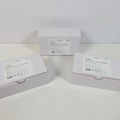 Sale Photo Thumbnail #306: Three boxed Kuando Busylight UC Omega presence indicator lights, designed for office and call center use.