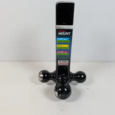 Sale Photo Thumbnail #142: TowSmart tri-ball trailer hitch mount with 1-7/8 inch, 2 inch, and 2-5/16 inch black hitch balls, showing some wear and paint chipping from use.