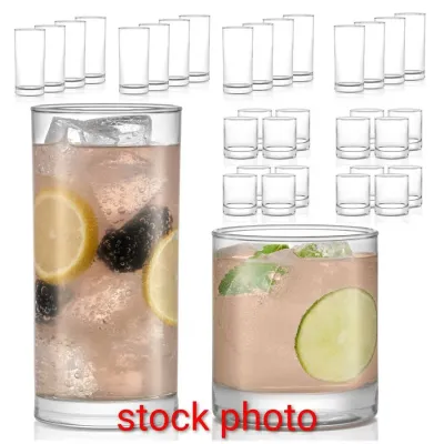 Sale Photo Thumbnail #318: Stock photo displaying a set of clear glass highball and double old fashioned tumblers with a heavy base.