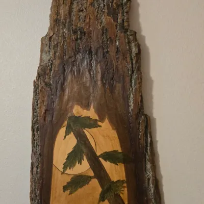 Sale Photo Thumbnail #37: Rustic wall art painted on a natural tree bark slab, depicting a loon swimming in a lake with a pine tree and full moon in the background.