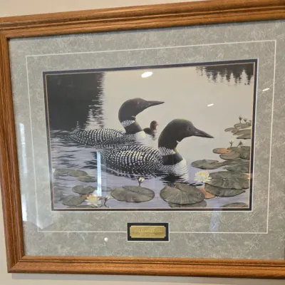 Sale Photo Thumbnail #32: Framed and matted wildlife art print titled "Wild America" by Denis Milhomme, depicting a pair of loons with a chick swimming among water lilies.