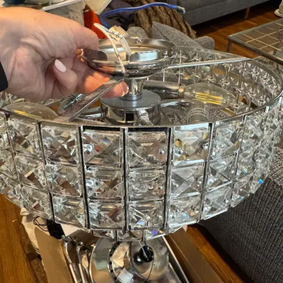 Sale Photo Thumbnail #65: Modern chrome and faux-crystal drum chandelier, shown disassembled with wiring and mounting hardware.