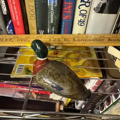 Sale Photo Thumbnail #124: Vintage painted mallard duck decoy figurine displayed on a wire shelf with books and a wooden ruler in the background.