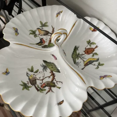 Sale Photo Thumbnail #341: Herend Rothschild Bird pattern three-part porcelain serving dish with a central loop handle and scalloped edges.